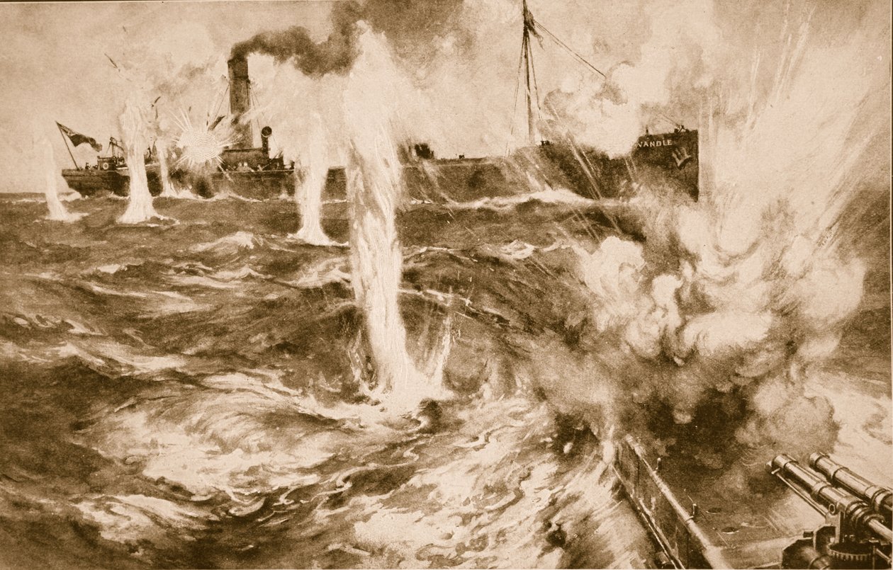 Londoner Kohlenfrachter Wandle bekämpft erfolgreich ein deutsches U-Boot in der Nordsee am 29. April 1916, 1914-19 von English School