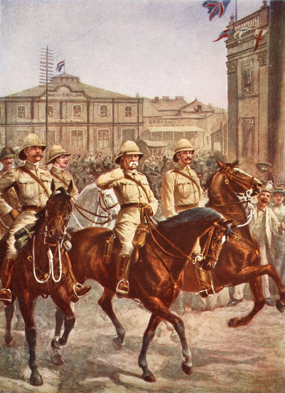 Lord Roberts betritt die Stadt Kimberley nach der erfolgreichen Befreiung einer viermonatigen Belagerung durch die Buren, Illustration aus Hutchinsons Geschichte der britischen Nation, ca. 1920 von English School