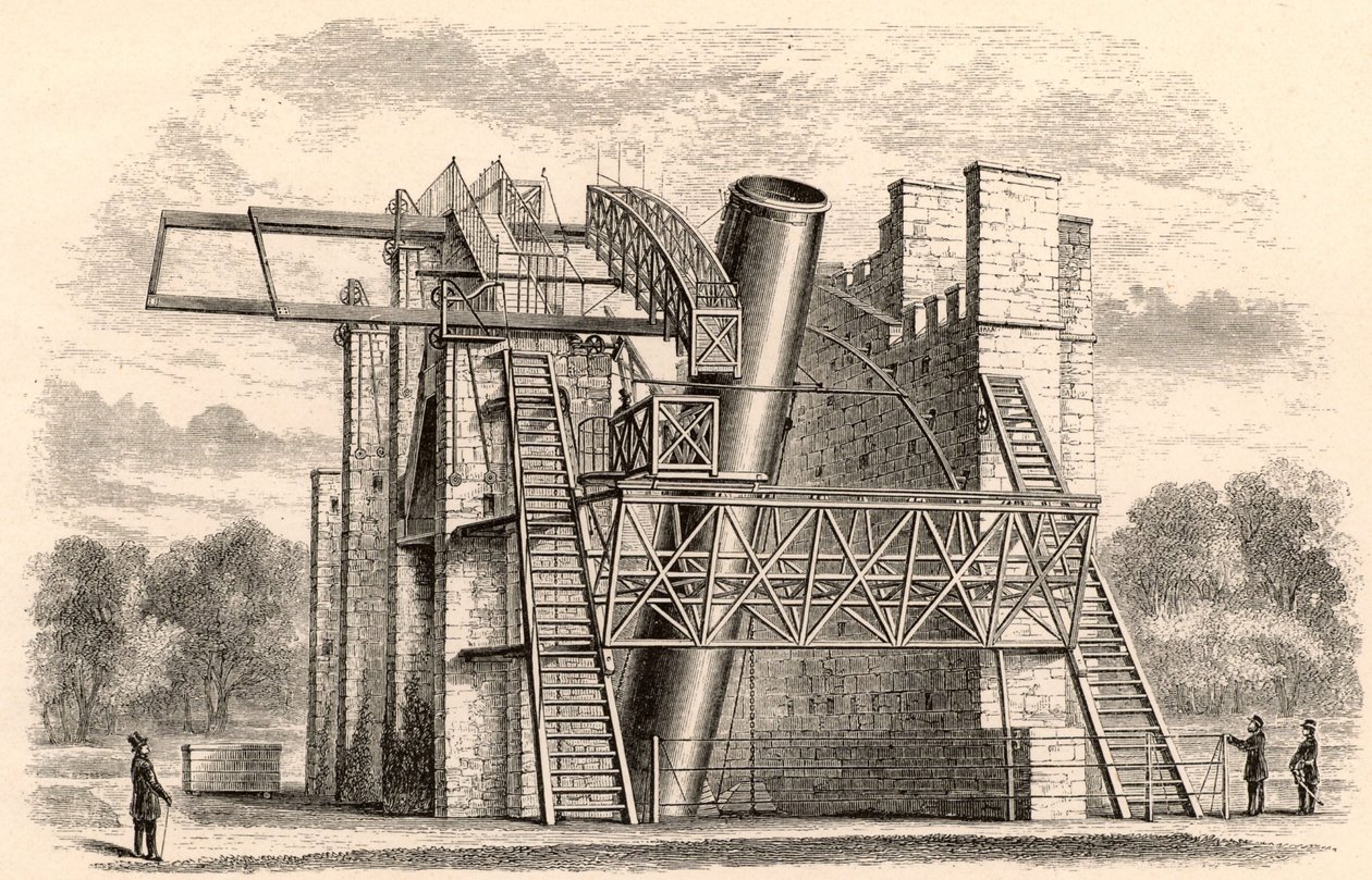 Lord Rosses großes Spiegelteleskop, aus A Handbook of Descriptive Astronomy von George F. Chambers, veröffentlicht in Oxford von English School