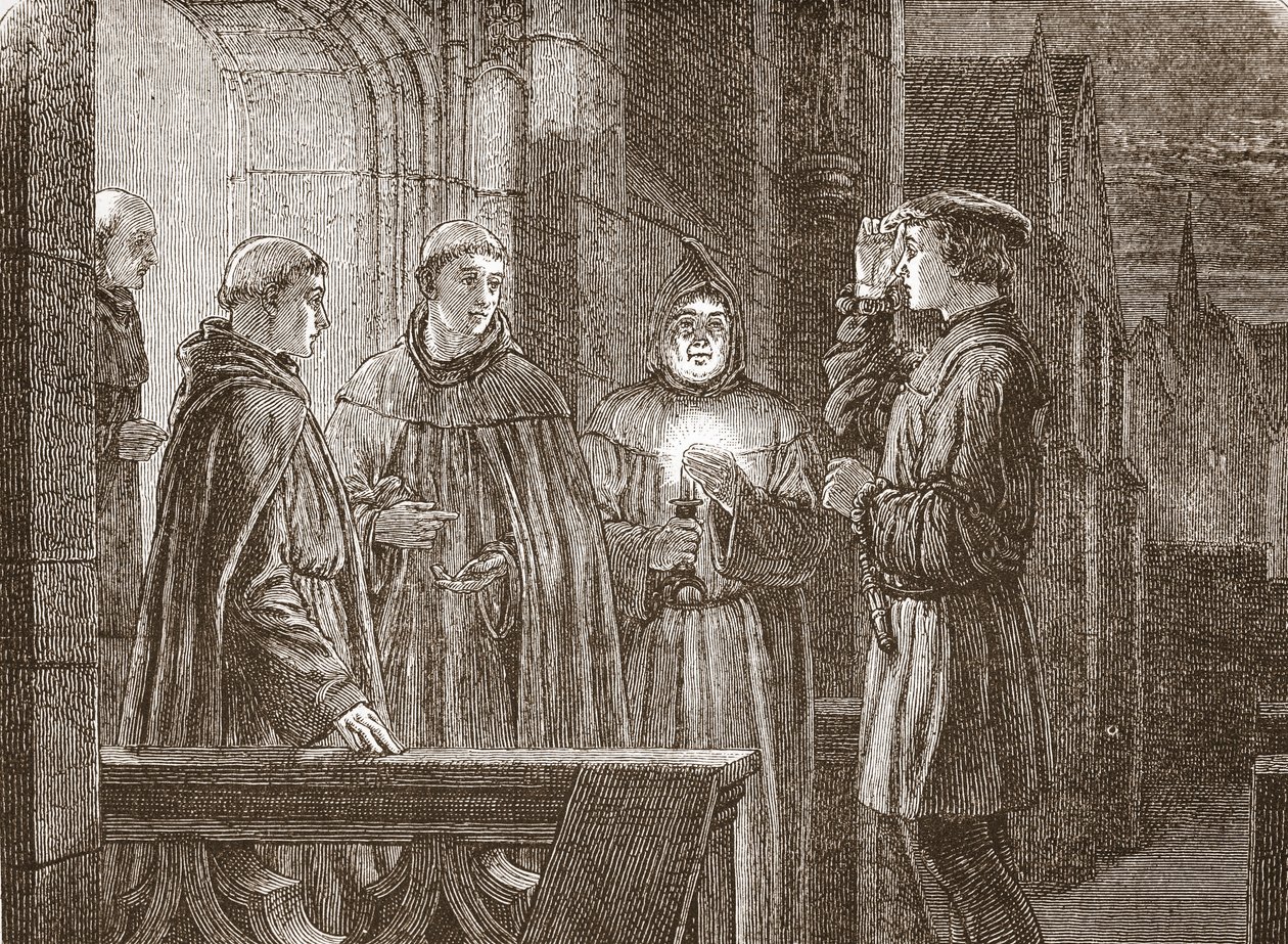 Luther tritt in das Augustinerkloster ein, Illustration aus Die Geschichte des Protestantismus von James Aitken Wylie, veröffentlicht 1878 von English School