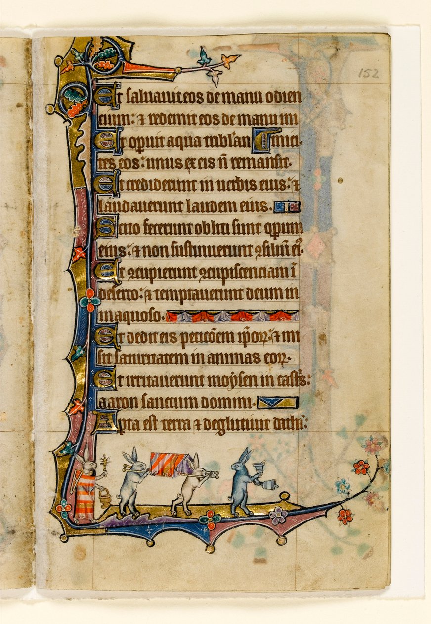 MS 1-2005, fol. 152r: Ein Hasen-Begräbniszug, Randdekoration aus dem Macclesfield Psalter, Use of Sarum, Ostanglien, um 1330 von English School