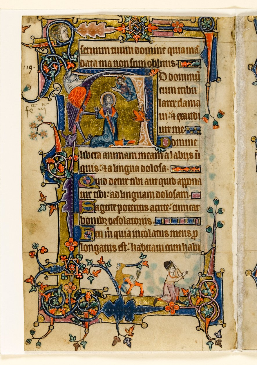 MS 1-2005, fol. 182v: David betet, historiierte Initiale aus dem Macclesfield Psalter, Use of Sarum, Ostanglien, um 1330 von English School