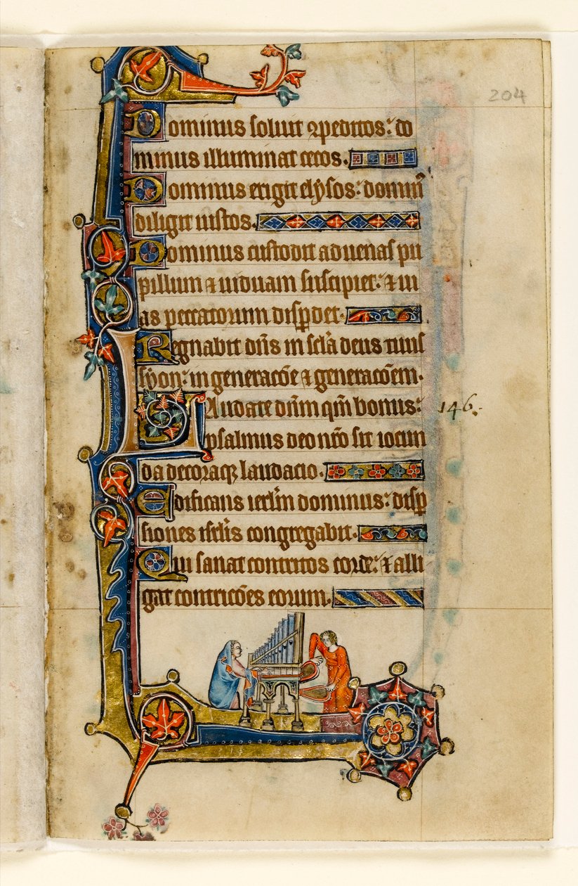 MS 1-2005, fol. 204r: Orgelspiel, Randdekoration aus dem Macclesfield Psalter, Use of Sarum, Ostanglien, um 1330 von English School