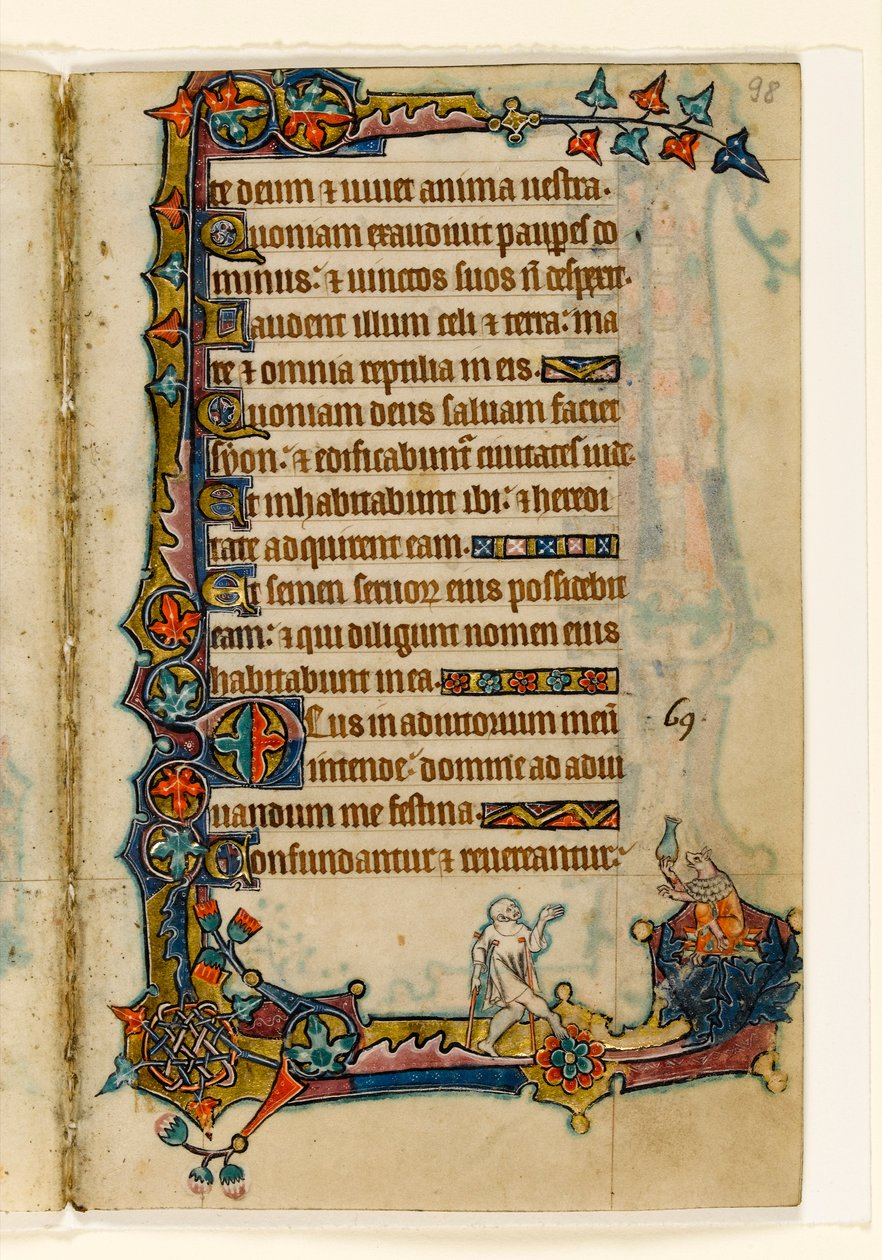 MS 1-2005, fol. 98r: Ein Bettler und ein wohlhabendes Schwein (?), Randdekoration aus dem Macclesfield Psalter, Use of Sarum, Ostanglien, um 1330 von English School