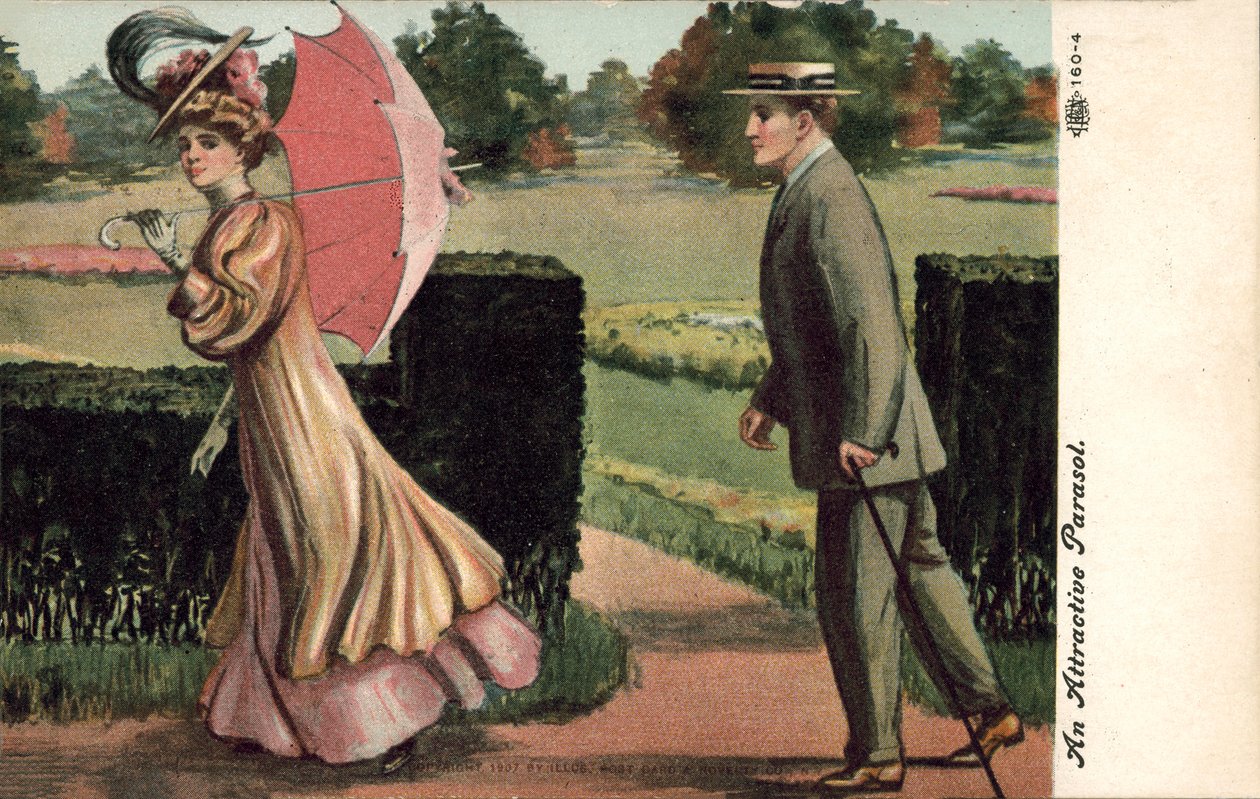 Mann von Frau mit Sonnenschirm angezogen von English School