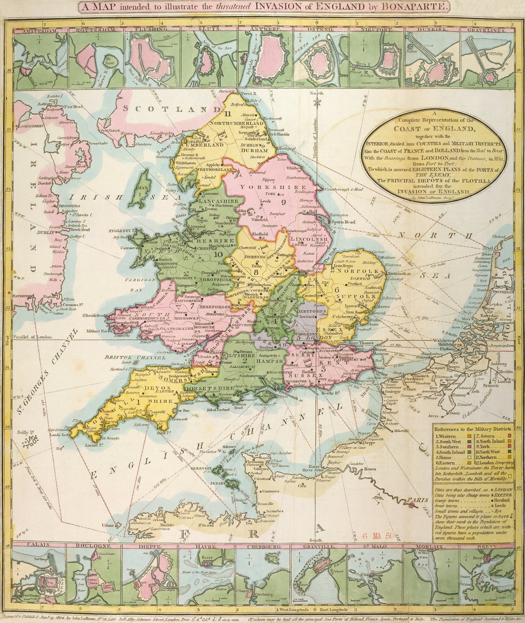 Karte von Großbritannien, die die drohende Invasion von Napoleon Bonaparte (1769-1821) 1803 illustriert von English School