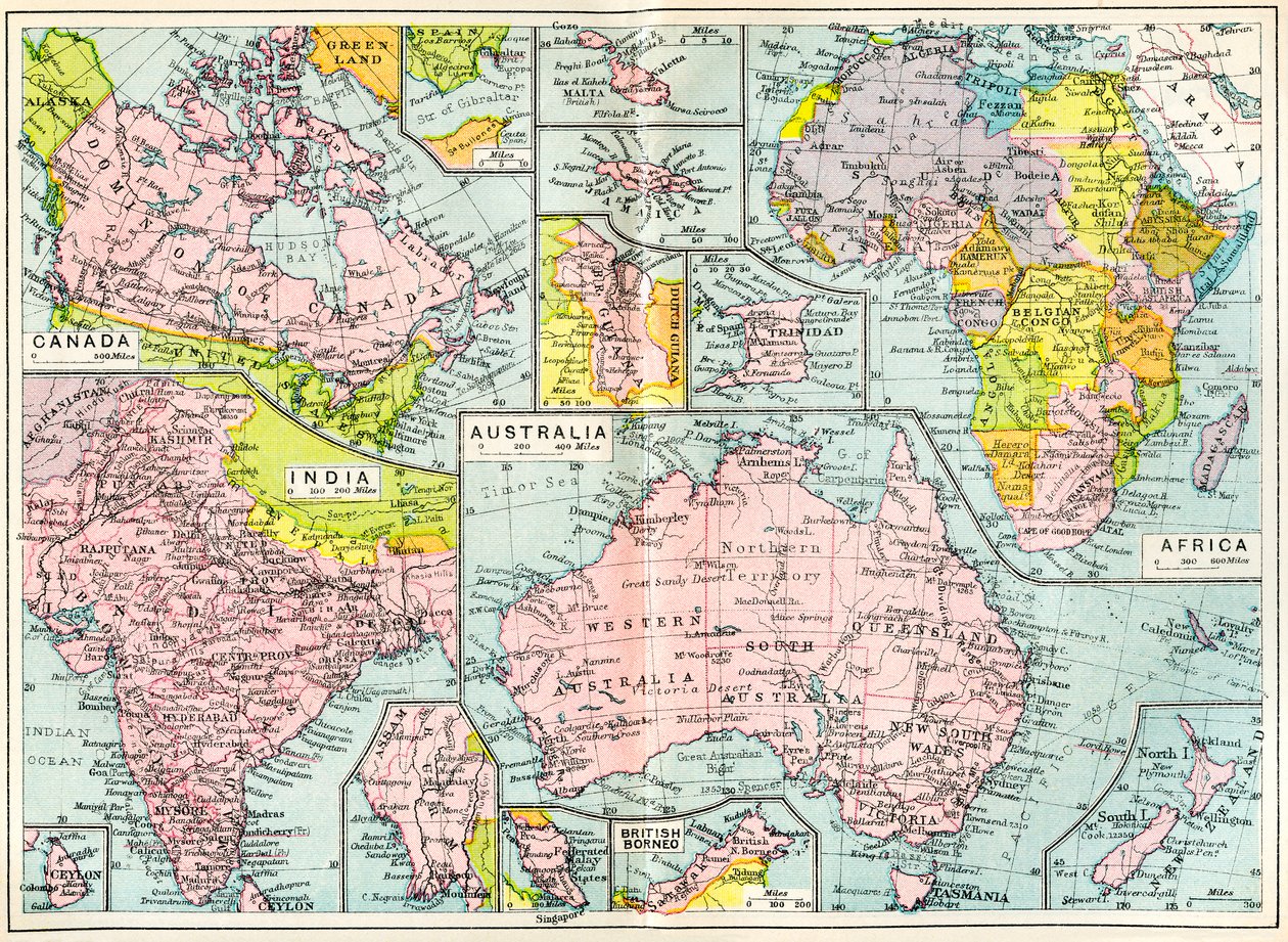 Karte der britischen Besitzungen 1914 bei Ausbruch des Ersten Weltkriegs, aus The British Empire Universities Modern English Illustrated Dictionary, veröffentlicht 1914 von English School