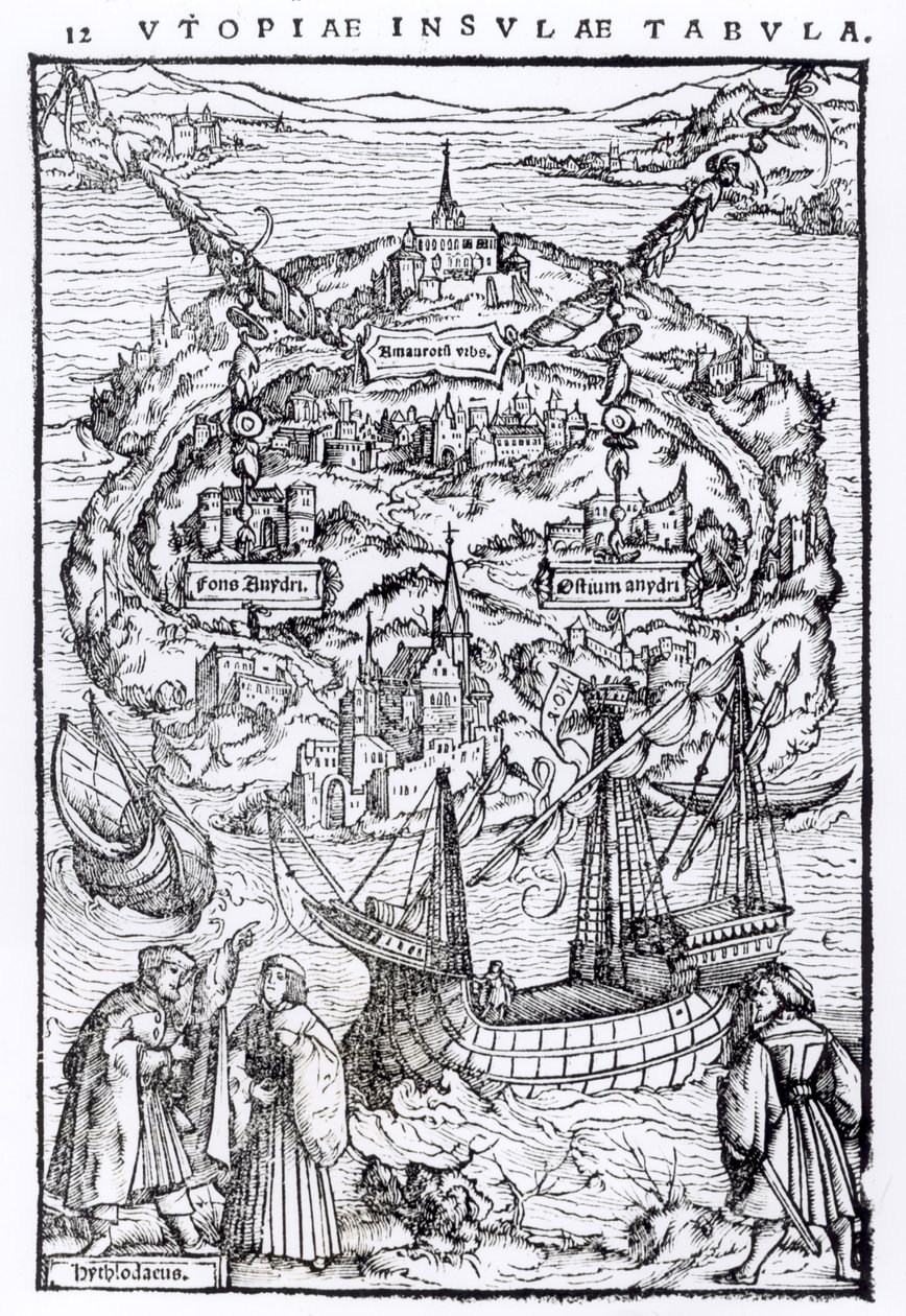 Karte der Insel Utopia, Buchfrontispiz von English School