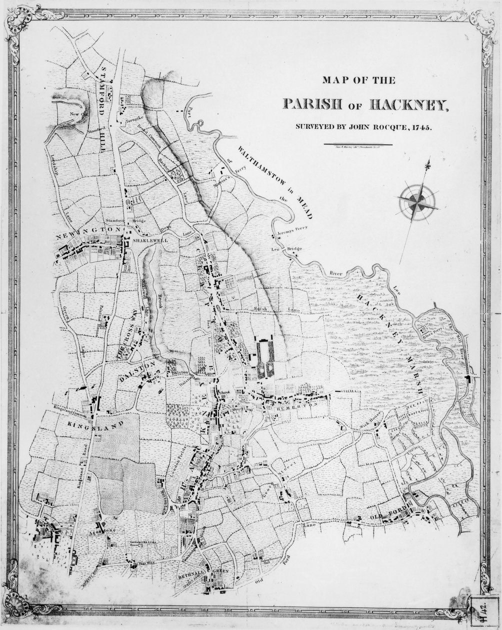 Karte der Pfarrei Hackney, vermessen von John Rocque (ca. 1709-1762) 1745 von English School