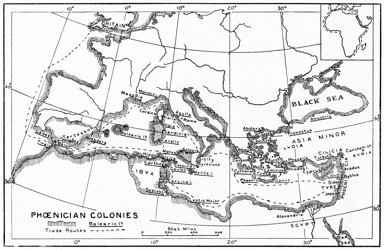 Karte der phönizischen Kolonien und ihrer Mittelmeer-Handelsrouten von English School