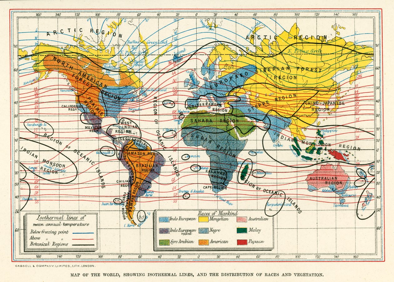 Weltkarte mit isothermen Linien und Verteilung von Rassen und Vegetation von English School