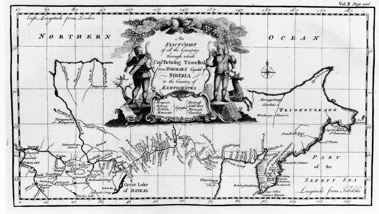 Karte der Route von Vitus Bering über Sibirien nach Kamtschatka, aus Navigantium atque Itinerantium Bibliotheca, veröffentlicht 1744 von English School