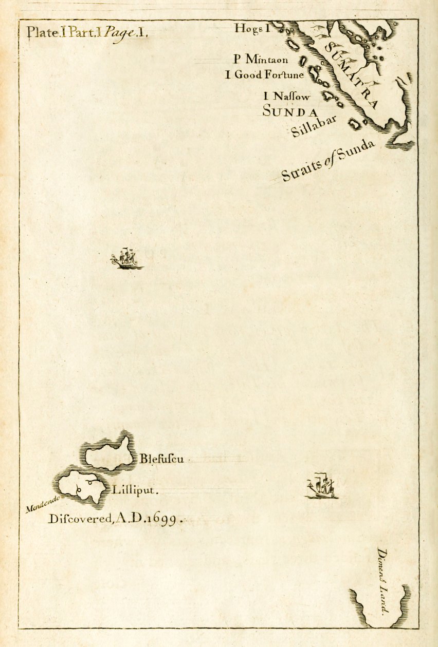 Karte mit dem Standort von Lilliput aus der ersten Ausgabe von Gullivers Reisen von Jonathan Swift von English School
