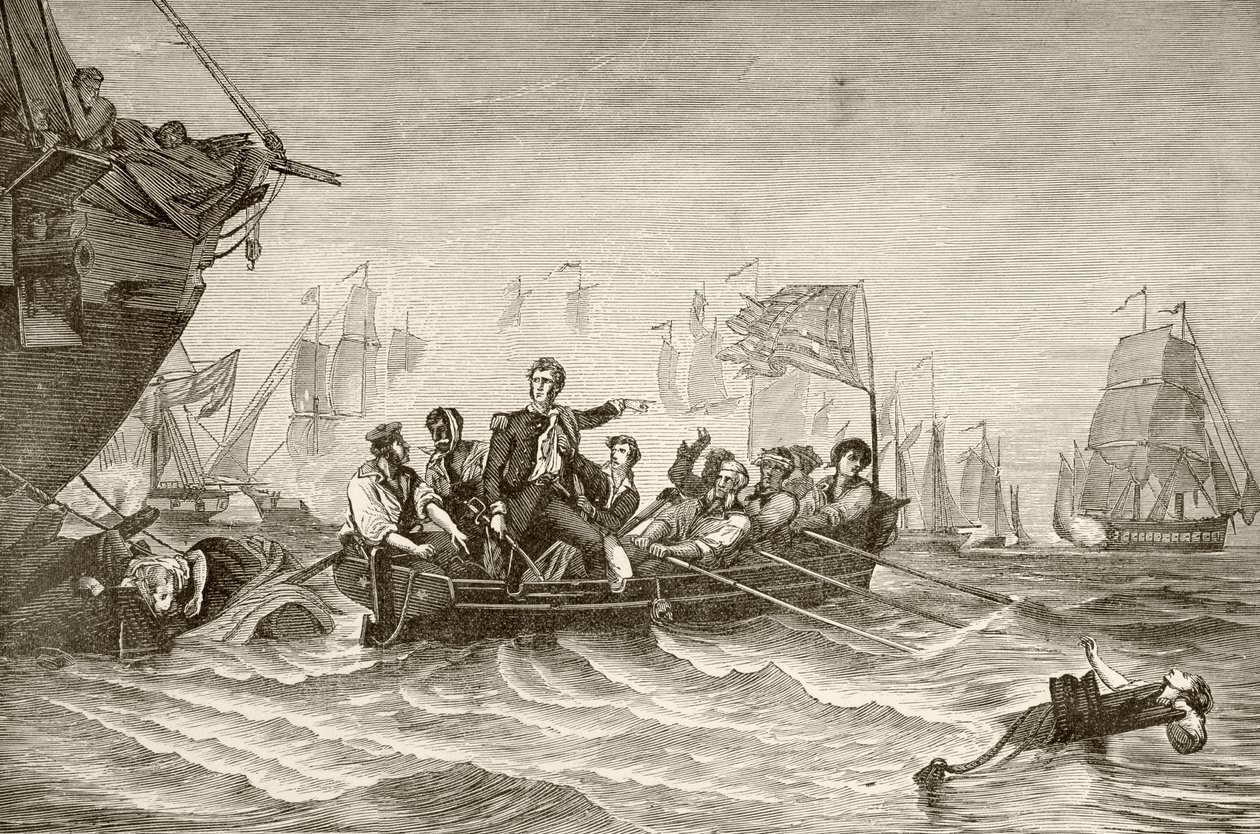 Master Commandant Oliver Hazard Perry wechselt von der US-Brig Lawrence zur US-Brig Niagra während der Schlacht am Eriesee (Lithografie) von English School