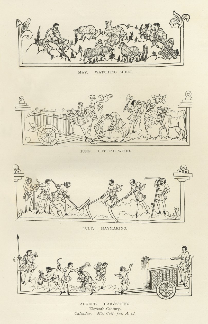 Mai, Juni, Juli und August, aus dem Julius-Kalender und Hymnal, Illustration aus der Geschichte des englischen Volkes von English School