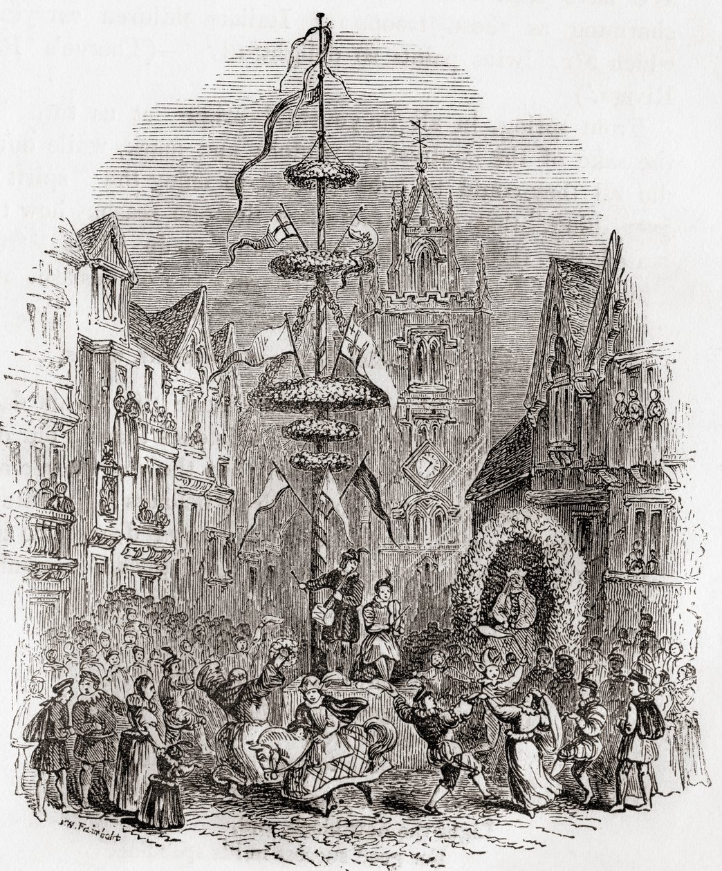 Maibaumtanz vor der St. Andrew Undershaft Kirche, London, England im 19. Jahrhundert, aus Old England: A Pictorial Museum, veröffentlicht 1847 von English School