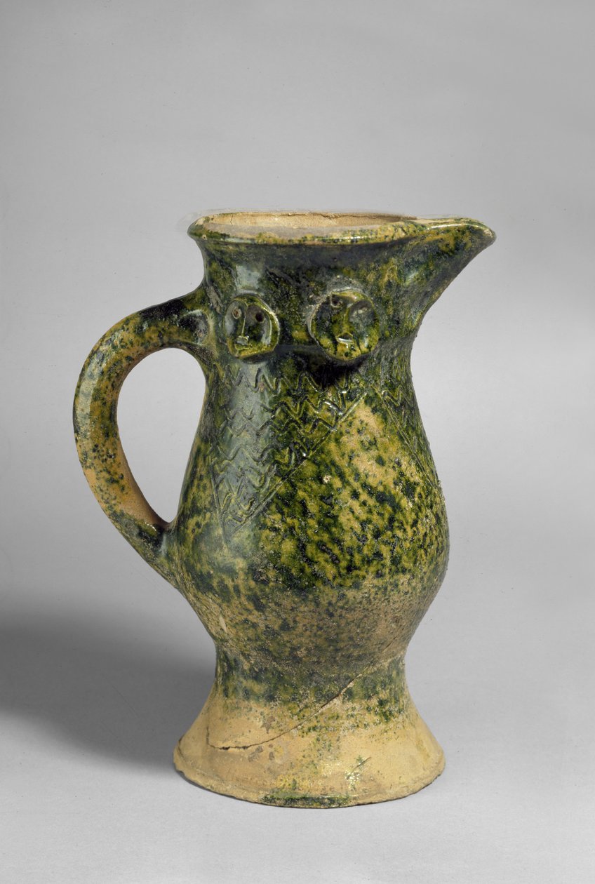 Mittelalterlicher Papageienschnabelkrug, Oxfordshire (glasierte Irdenware) von English School