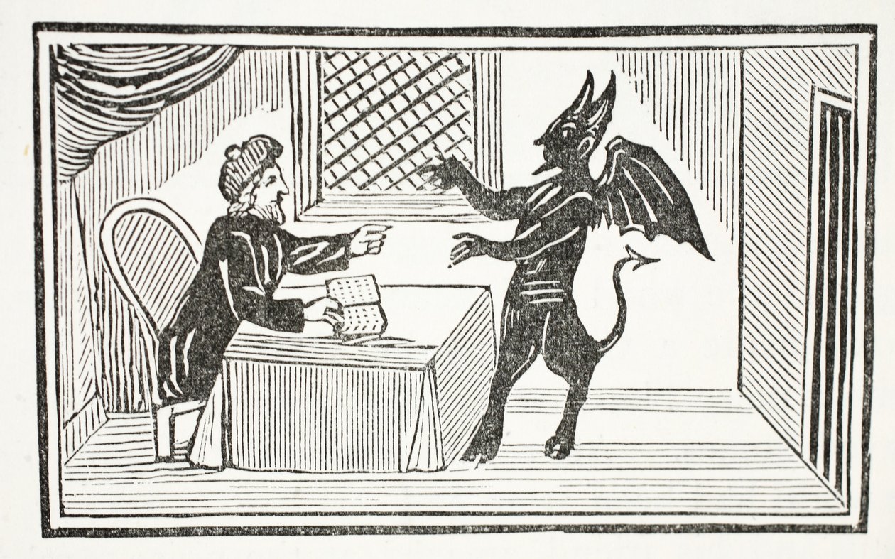 Mephistopheles kommt zum Haus des Doktors, Illustration aus Chap-books of the Eighteenth Century von John Ashton, veröffentlicht 1882 von English School