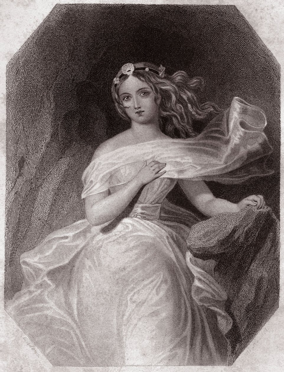 Miranda (Der Sturm - La Tempête) in - „Galerie des femmes de Shakespeare, Sammlung von fünfundvierzig ernsten Porträts der ersten Künstler Londons, bereichert durch kritische und literarische Hinweise“ um 1838 - aus „Gallery of the women of Shakespeare“ von English School