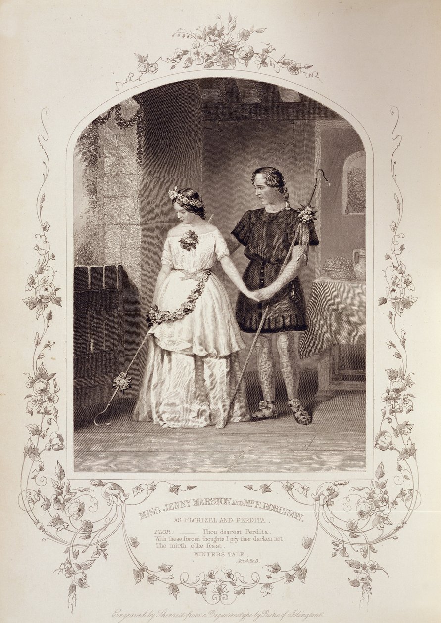 Miss Jenny Marston als Perdita und Mr. F. Robinson als Florizel, Akt IV Szene 3, in Das Wintermärchen von William Shakespeare (1564-1616) graviert von Thomas Sherratt (fl.1860-80) nach einem Daguerreotyp von Pa von English School