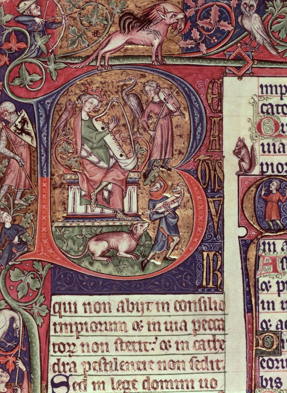 Mms 9961-2 Historisierte Initiale B aus dem Peterborough Psalter, die König David beim Harfenspiel zeigt, englisch, (um 1310-20) von English School