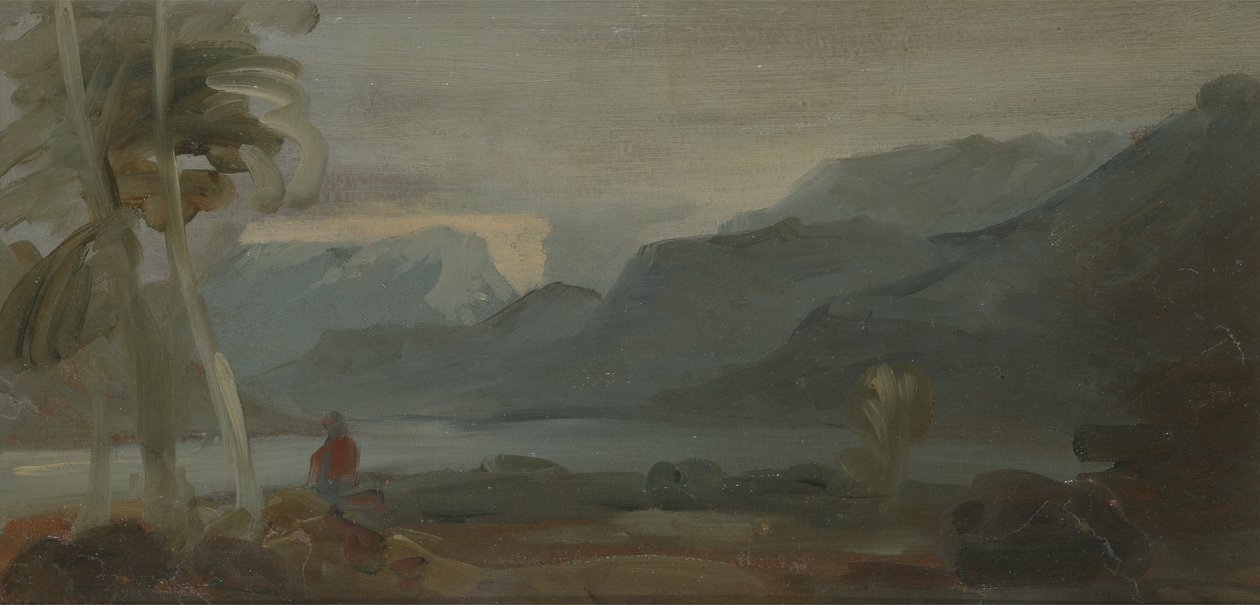 Gebirgige Landschaft mit Figuren und Vieh, zuvor J.M.W. Turner (1775-1851) und auch Peter de Wint (1784-1849) zugeschrieben, 1806-07 von English School
