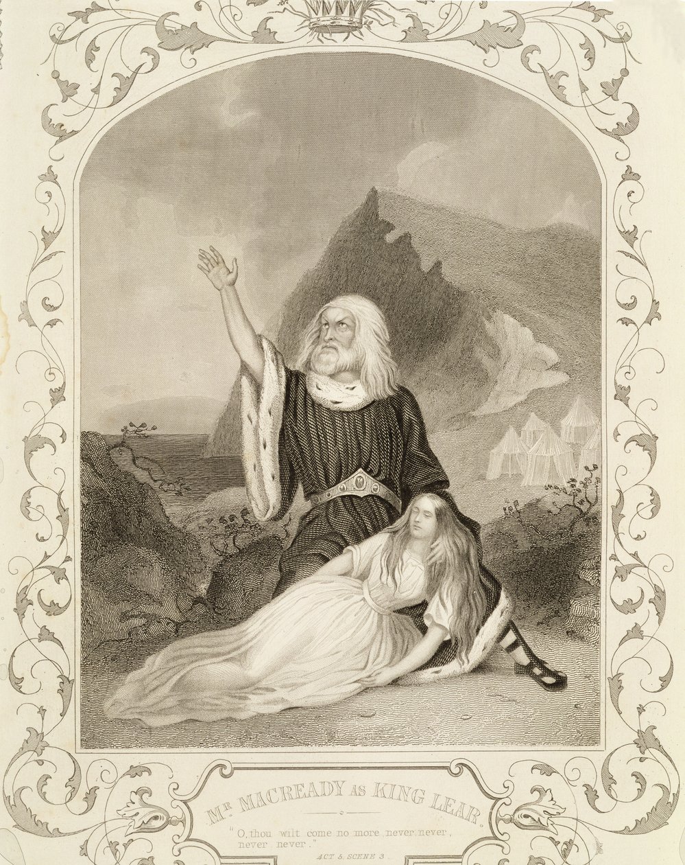 Mr. Macready als König Lear, Akt V Szene 3, im Stück von William Shakespeare (1564-1616) von English School