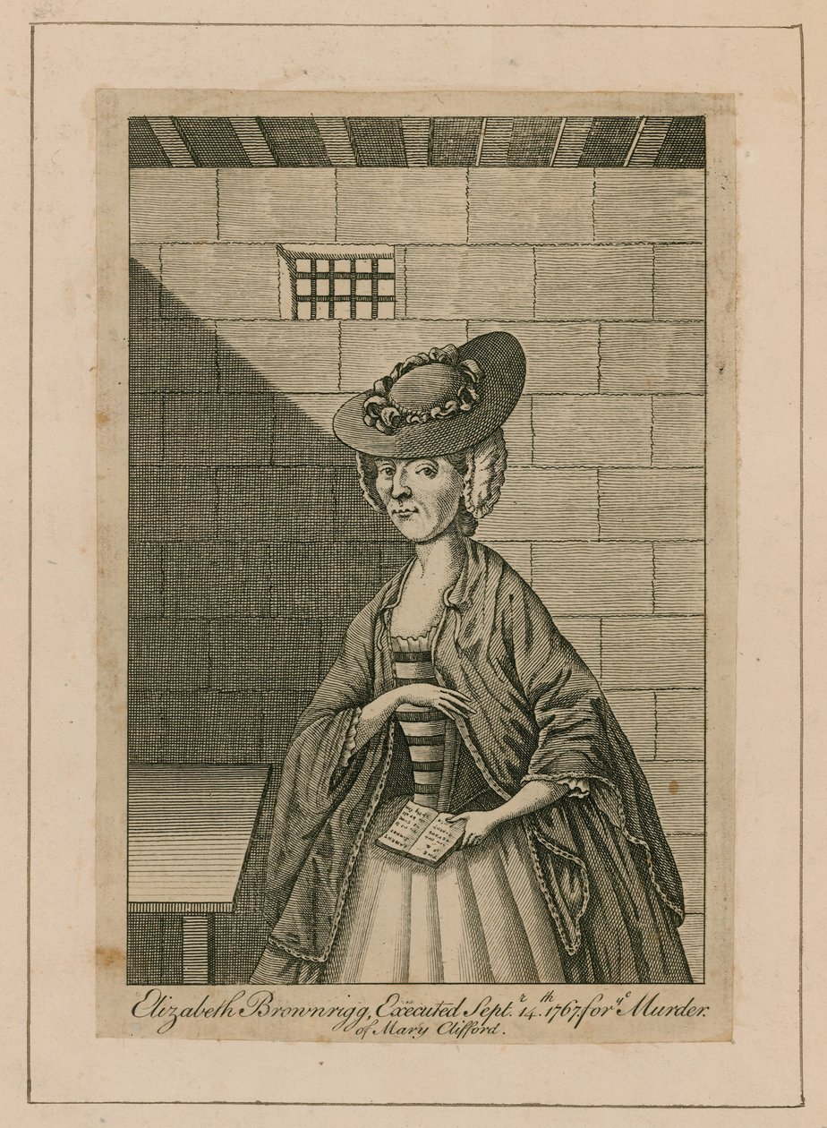Mrs. Brownrigg in der Zelle im Newgate-Gefängnis, London (Gravur) von English School