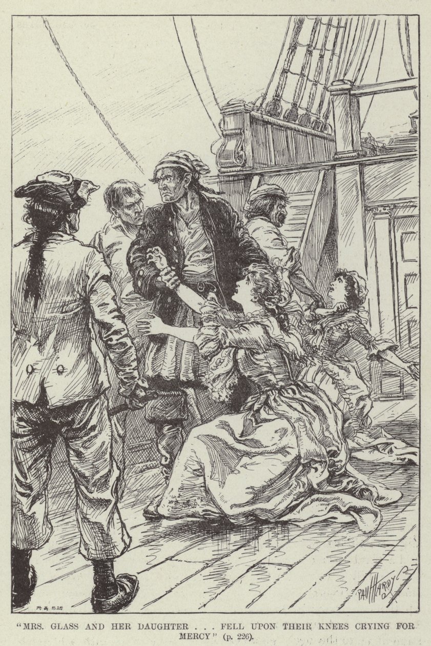 "Mrs. Glass und ihre Tochter ... fielen auf die Knie und baten um Gnade" (Gravur) von English School