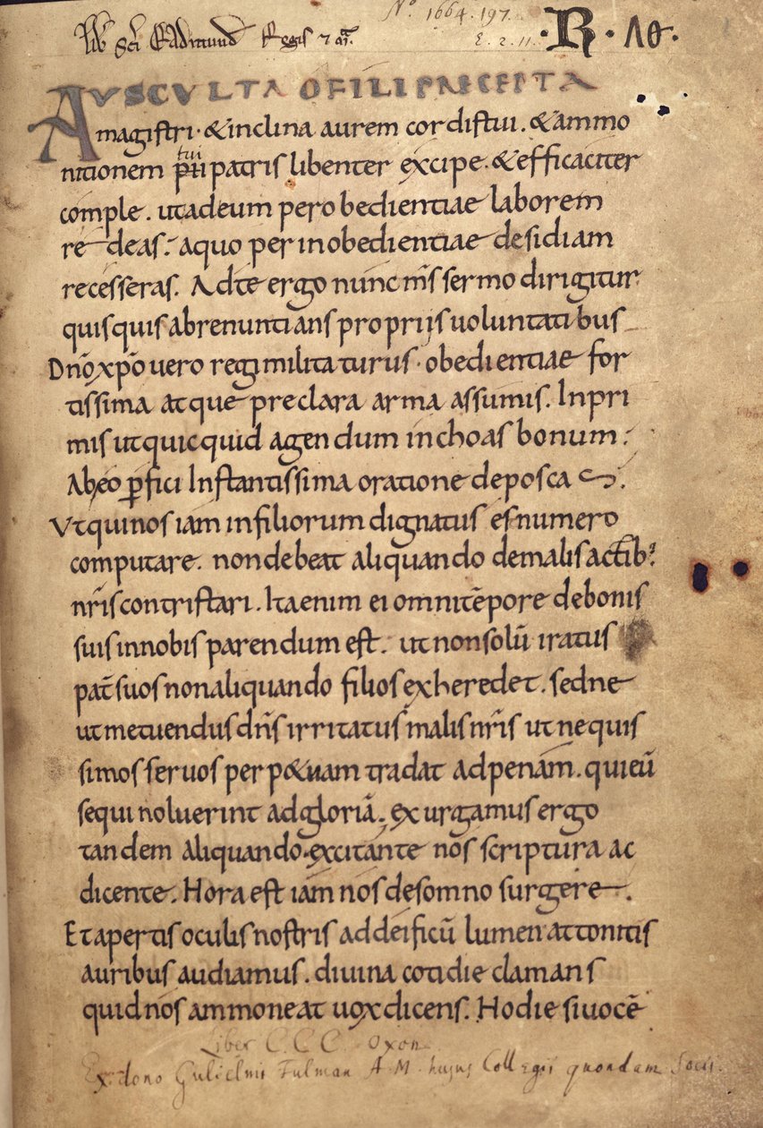 Ms. 197 f.1r Regel des heiligen Benedikt von English School