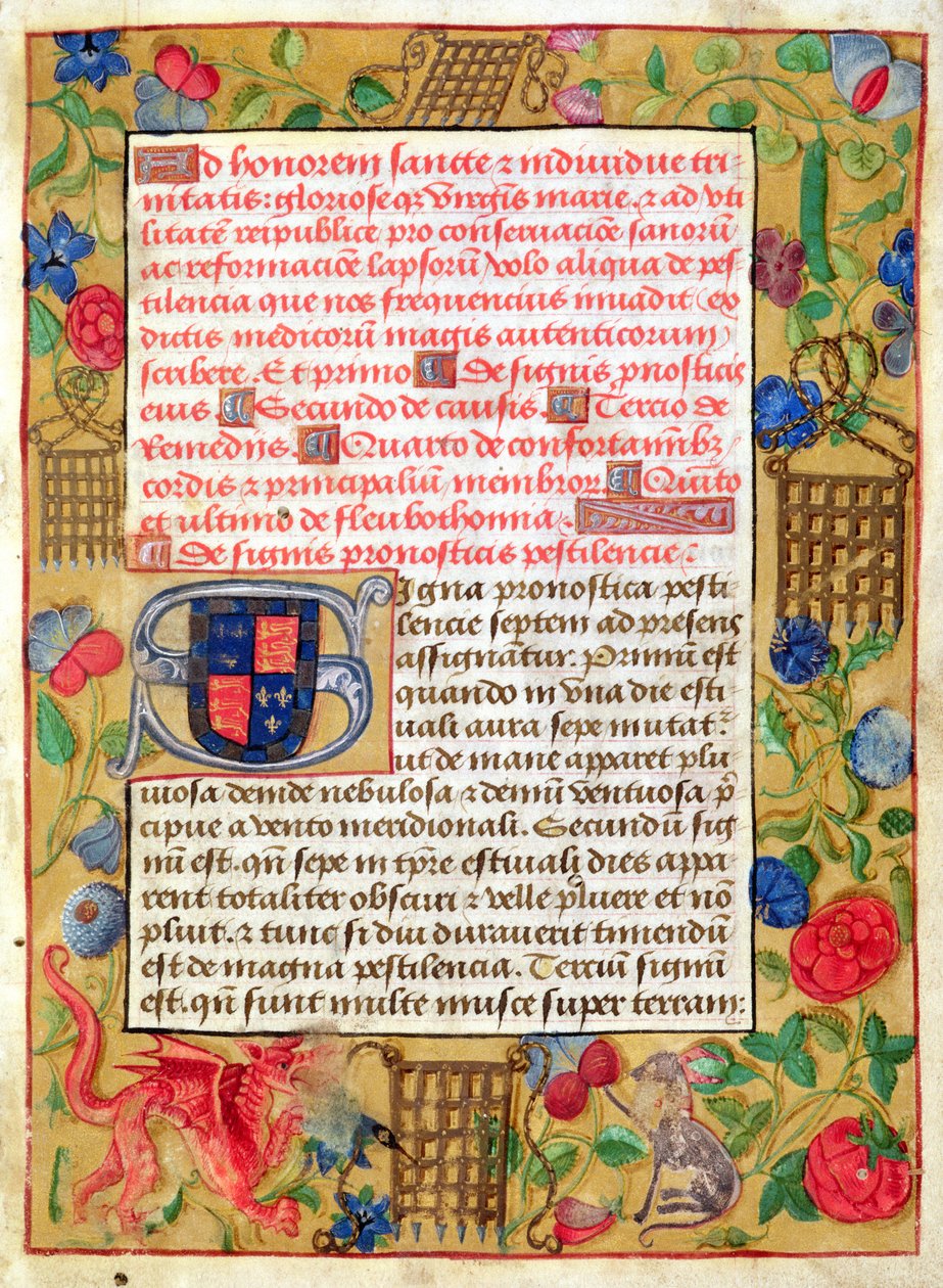 Ms 261 fol.1r Seite aus einer Sammlung von Pesttraktaten in Latein und Englisch, ca. 1500 von English School