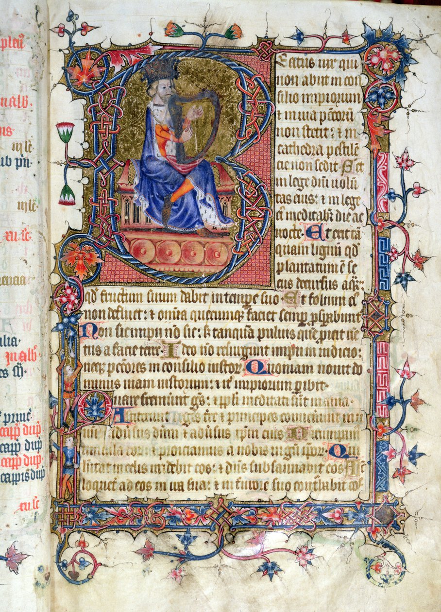Psalm 1, David spielt Harfe, aus dem Ramsey Abbey Psalter, ca. 1380 von English School
