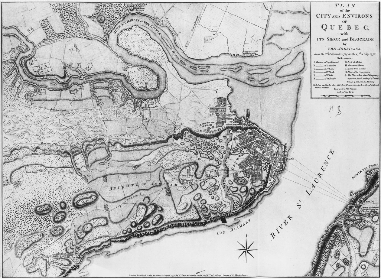 Ms A 224 f.8 Karte der Stadt und Umgebung von Quebec mit ihrer Belagerung und Blockade durch die Amerikaner, Illustration aus dem 