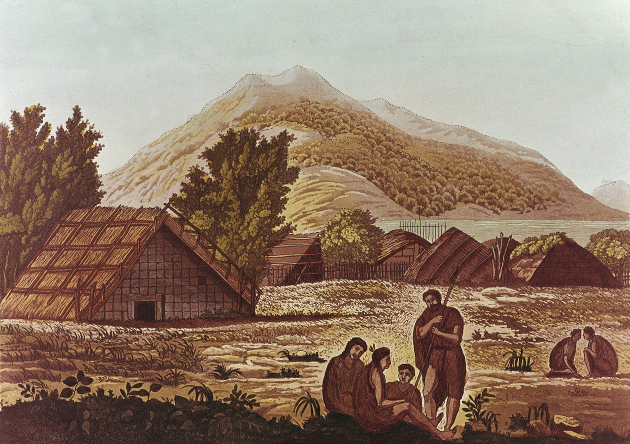 Eingeborene, mit Hütten und Bergen im Hintergrund, graviert von F. Fumagalli von English School