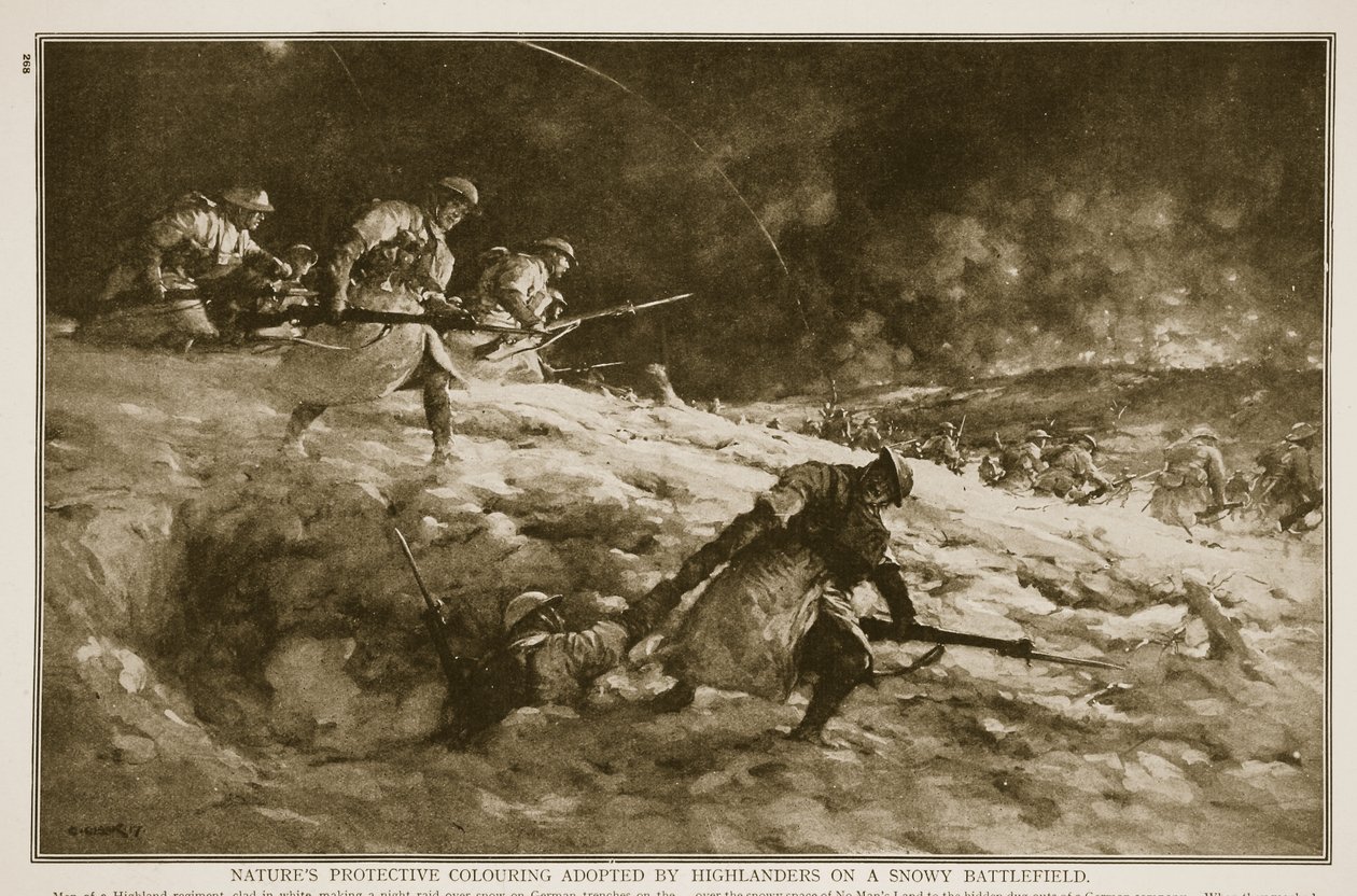 Natürliche Schutzfärbung, übernommen von Highlandern auf einem verschneiten Schlachtfeld, 1914-19 von English School
