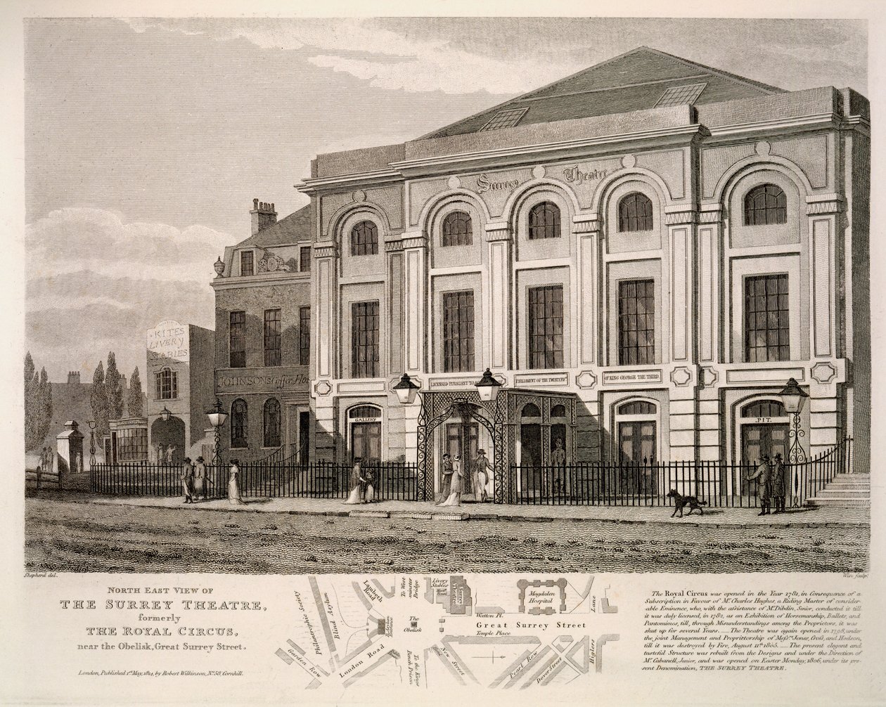 Nordostansicht des Surrey Theaters, ehemals The Royal Circus in der Nähe des Obelisken, Great Surrey Street, 1814 von English School