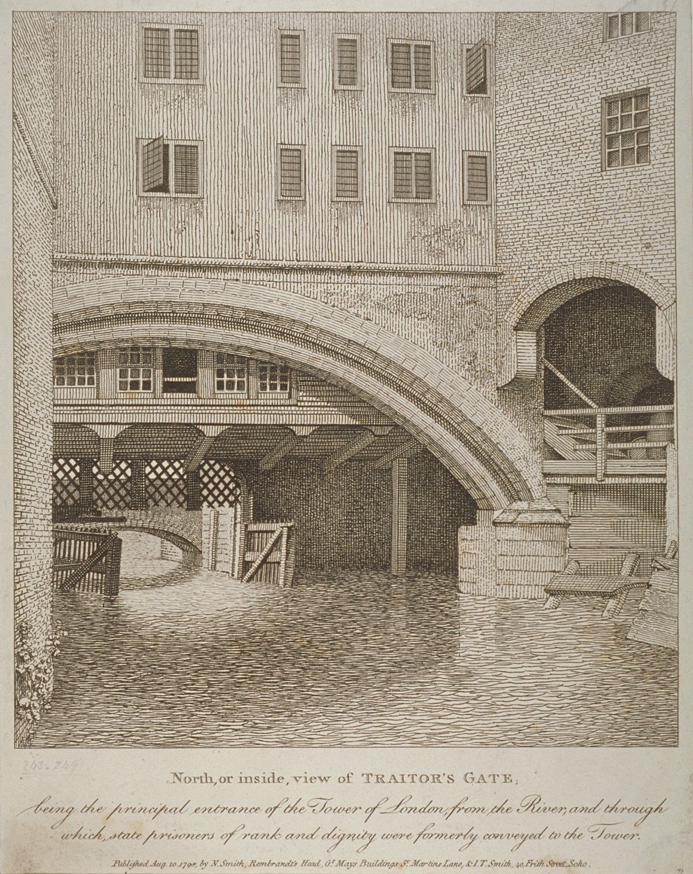 Nordansicht des Traitors Gate, Tower of London, veröffentlicht von Nathaniel Smith (fl.1740-1802) 1798 von English School