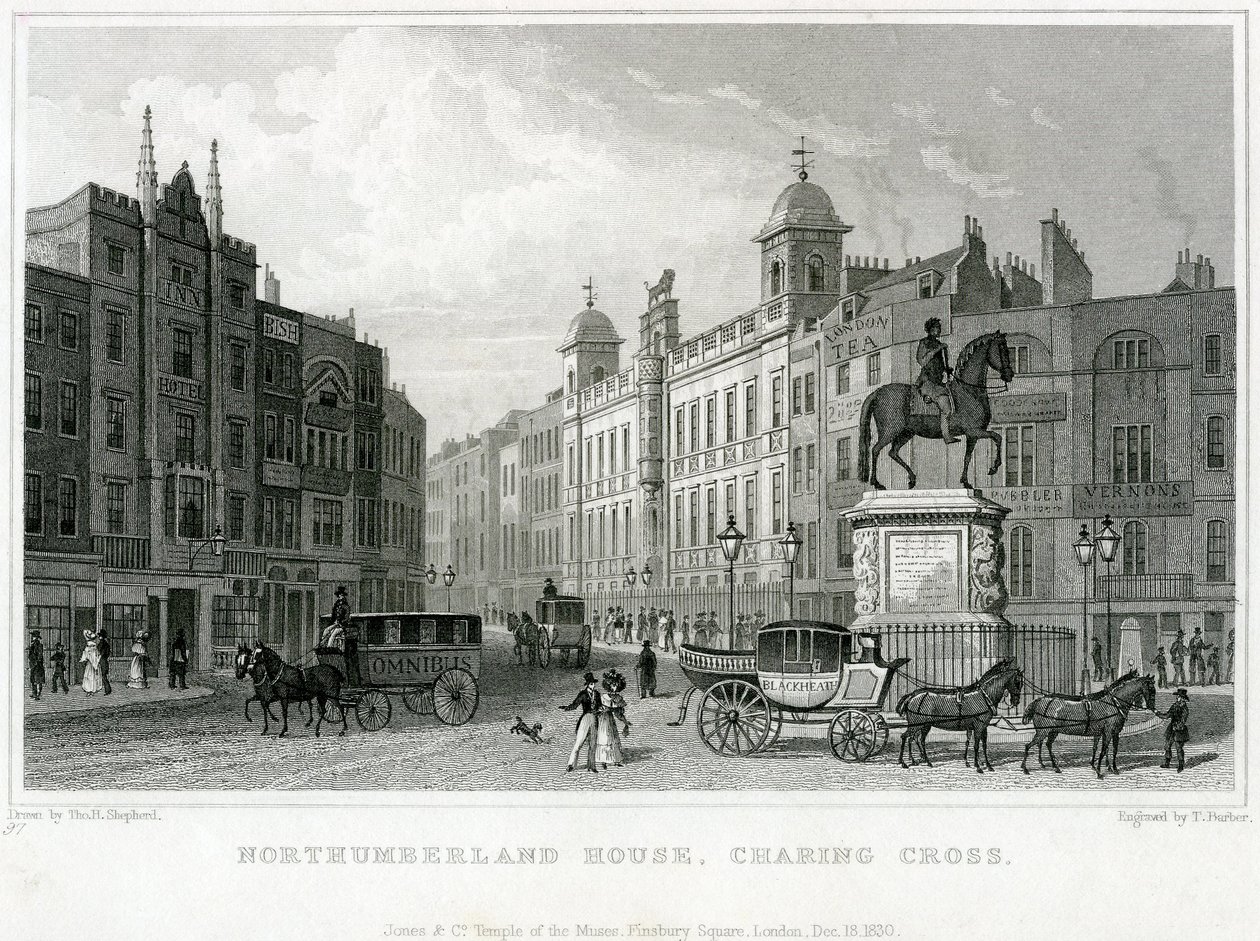 Northumberland House, Charing Cross. Bishs Lotteriebüro, Nr. 9 Charing Cross, ist neben dem Golden Cross Hotel von English School