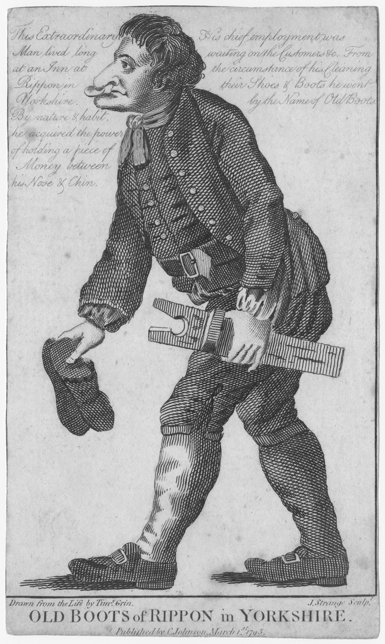 Alte Stiefel von Rippon in Yorkshire, graviert von J. Strange nach einer Zeichnung von Timothy Grin, veröffentlicht von C. Johnson, 1793 von English School