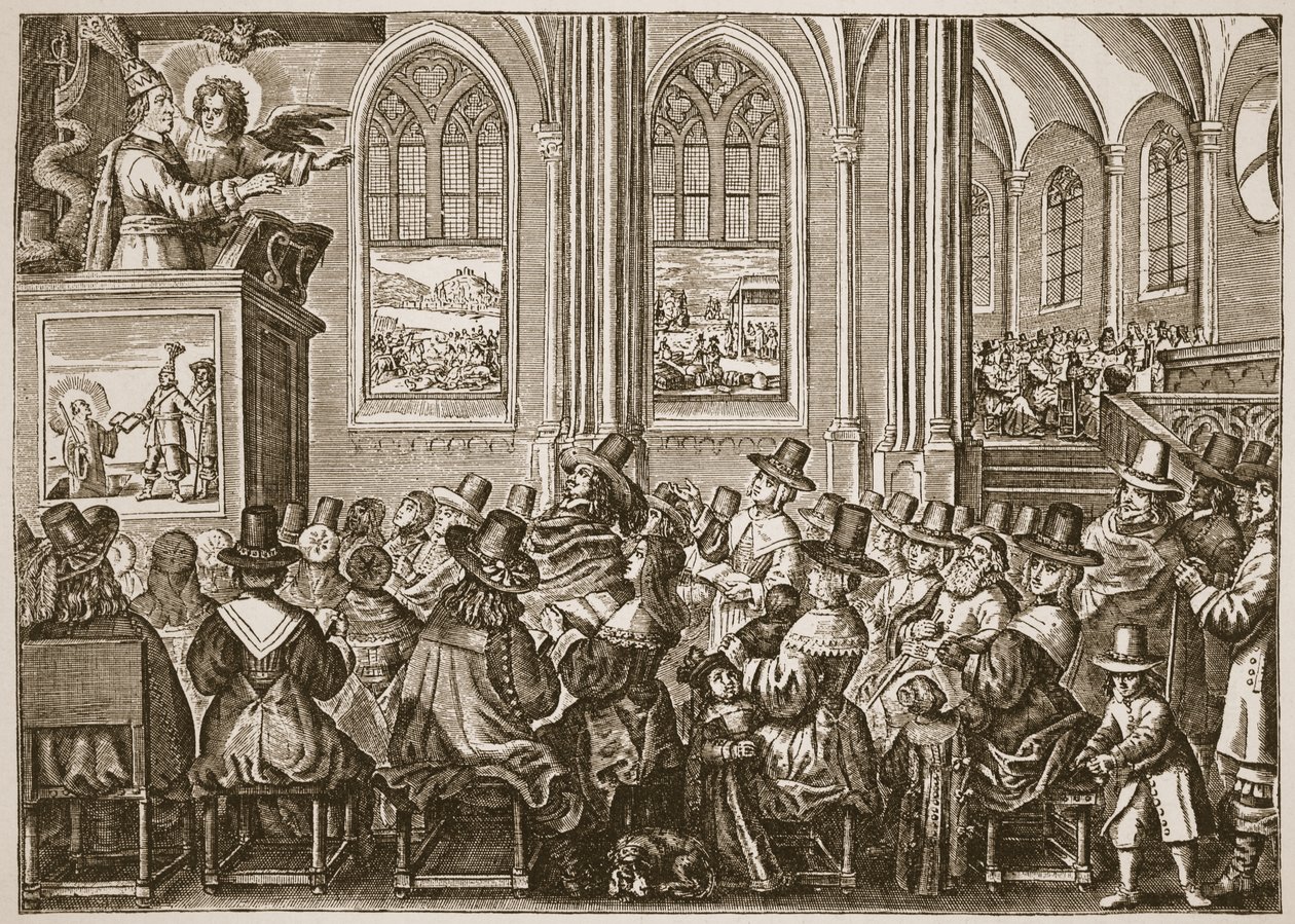 Oliver Cromwell predigt vor einer puritanischen Gemeinde, Illustration aus Die Kirche von England: Eine Geschichte für das Volk von H.D.M. Spence-Jones, veröffentlicht um 1910 von English School