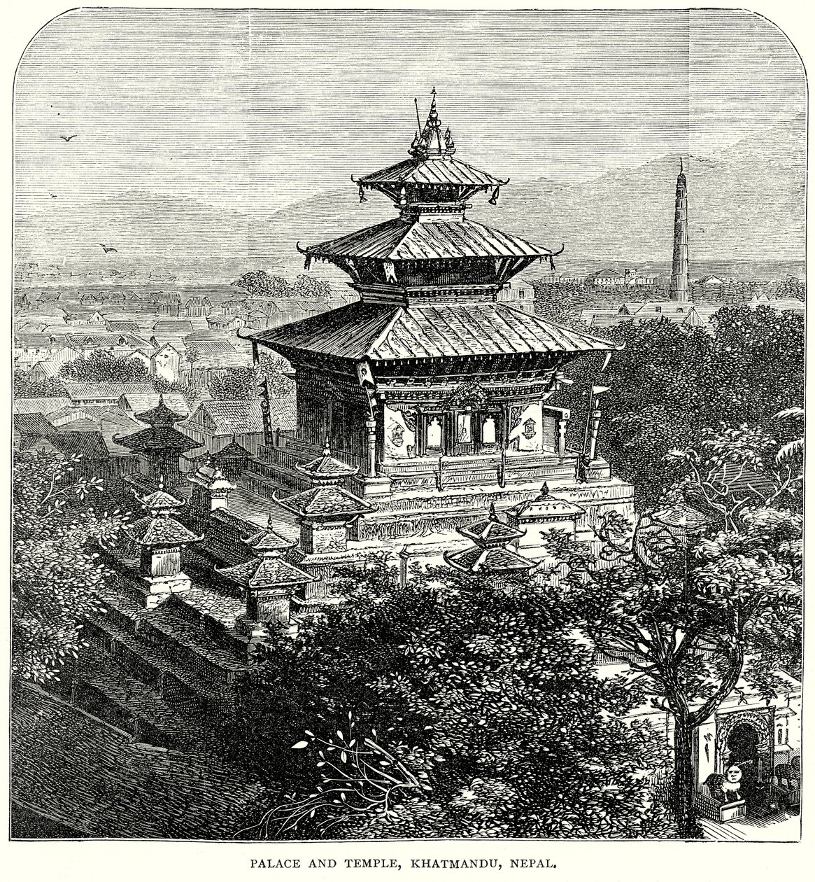 Palast und Tempel, Khatmandu, Nepal (Gravur) von English School