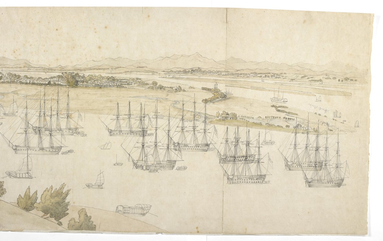 Panorama (rechte Hälfte) von Whampoa von der Dane Island, mit britischen und amerikanischen Schiffen im Ankerplatz von English School