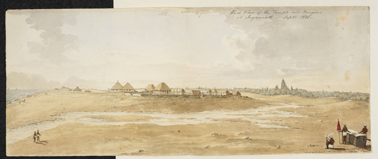 Panorama des Großen Tempels von Jagannath, Puri (Orissa), aufgenommen vom Westen, zeigt europäische Bungalows im Vordergrund am Meeresufer, September 1820 von English School