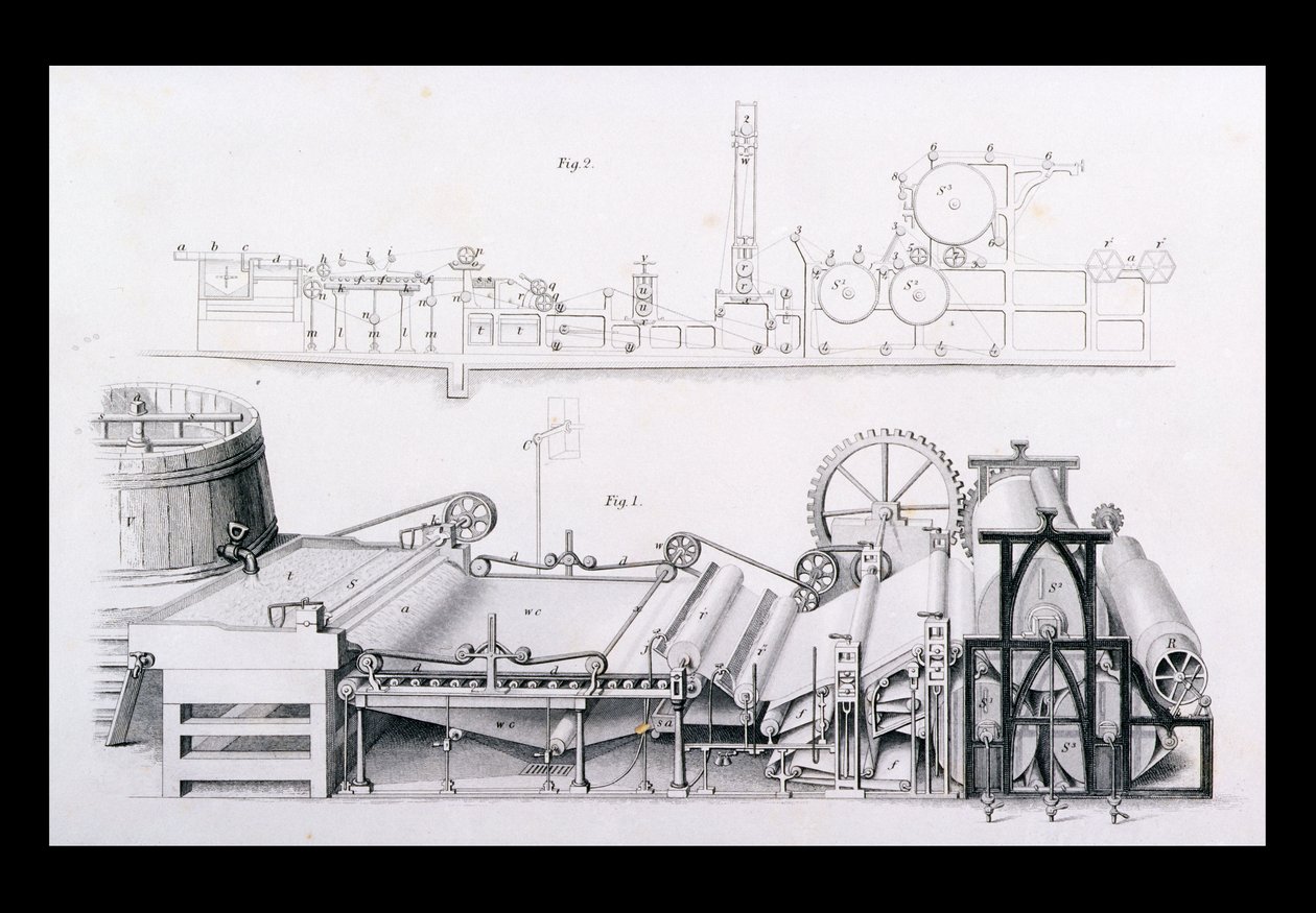 Papiermaschine aus der Enzyklopädie der nützlichen Künste & Manufakturen, herausgegeben von Charles Tomlinson, ca. 1880er Jahre von English School