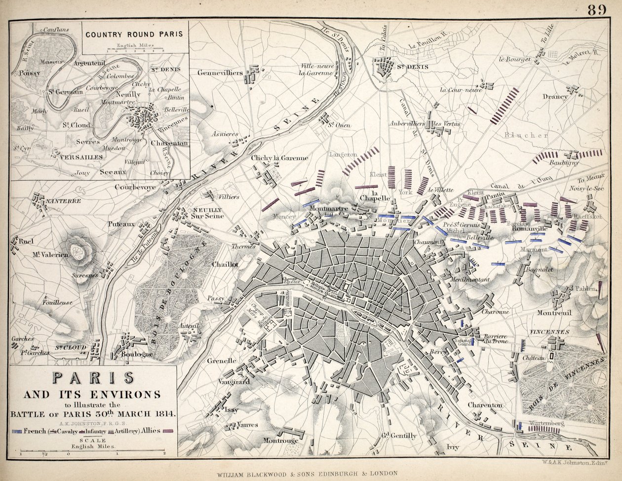 Paris und seine Umgebung, zur Veranschaulichung der Schlacht von Paris, 30. März 1814 von English School