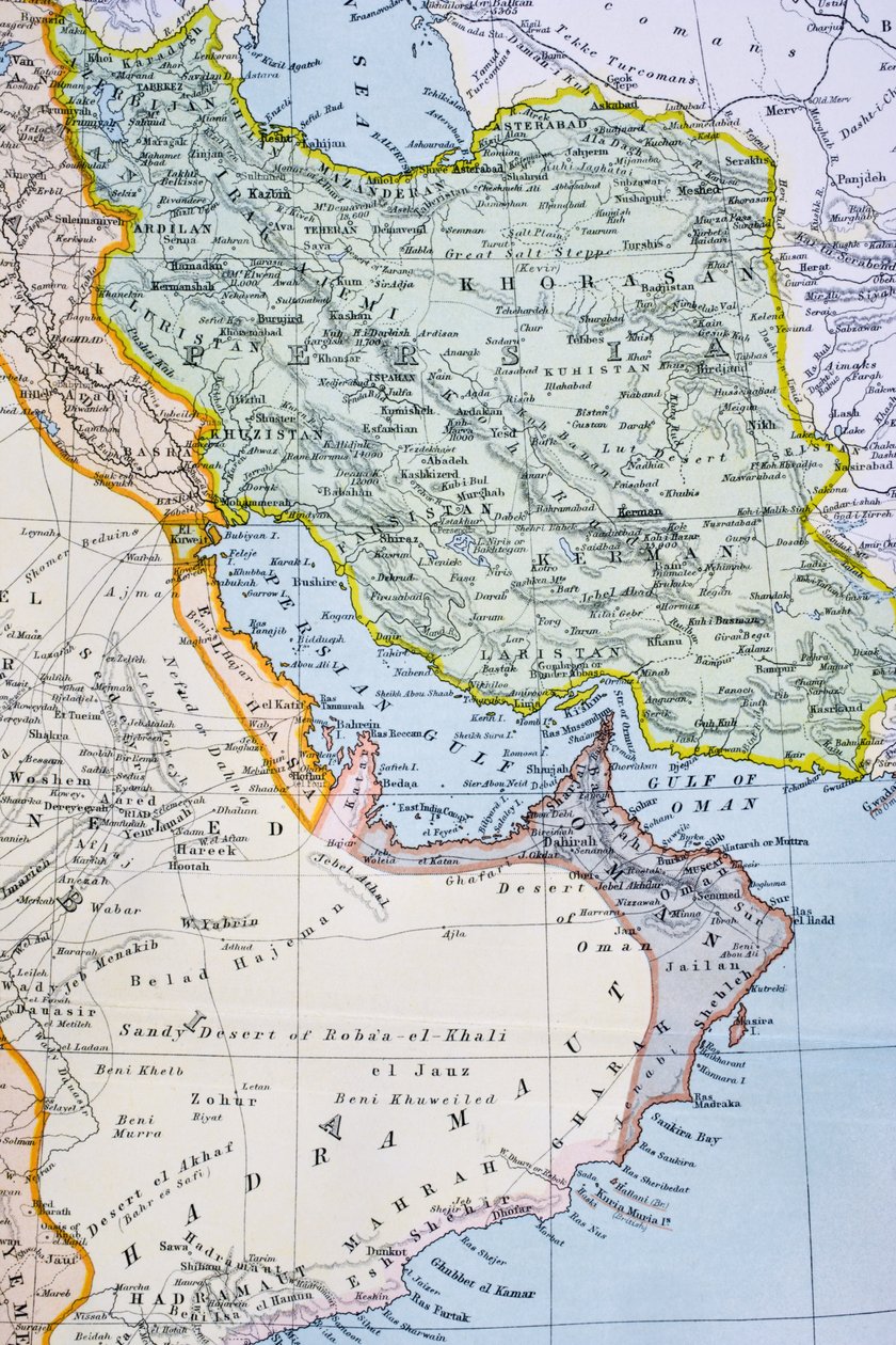 Teilkarte des Nahen Ostens mit dem Roten Meer, Persischen Golf und Horn von Afrika in den 1890er Jahren, aus 