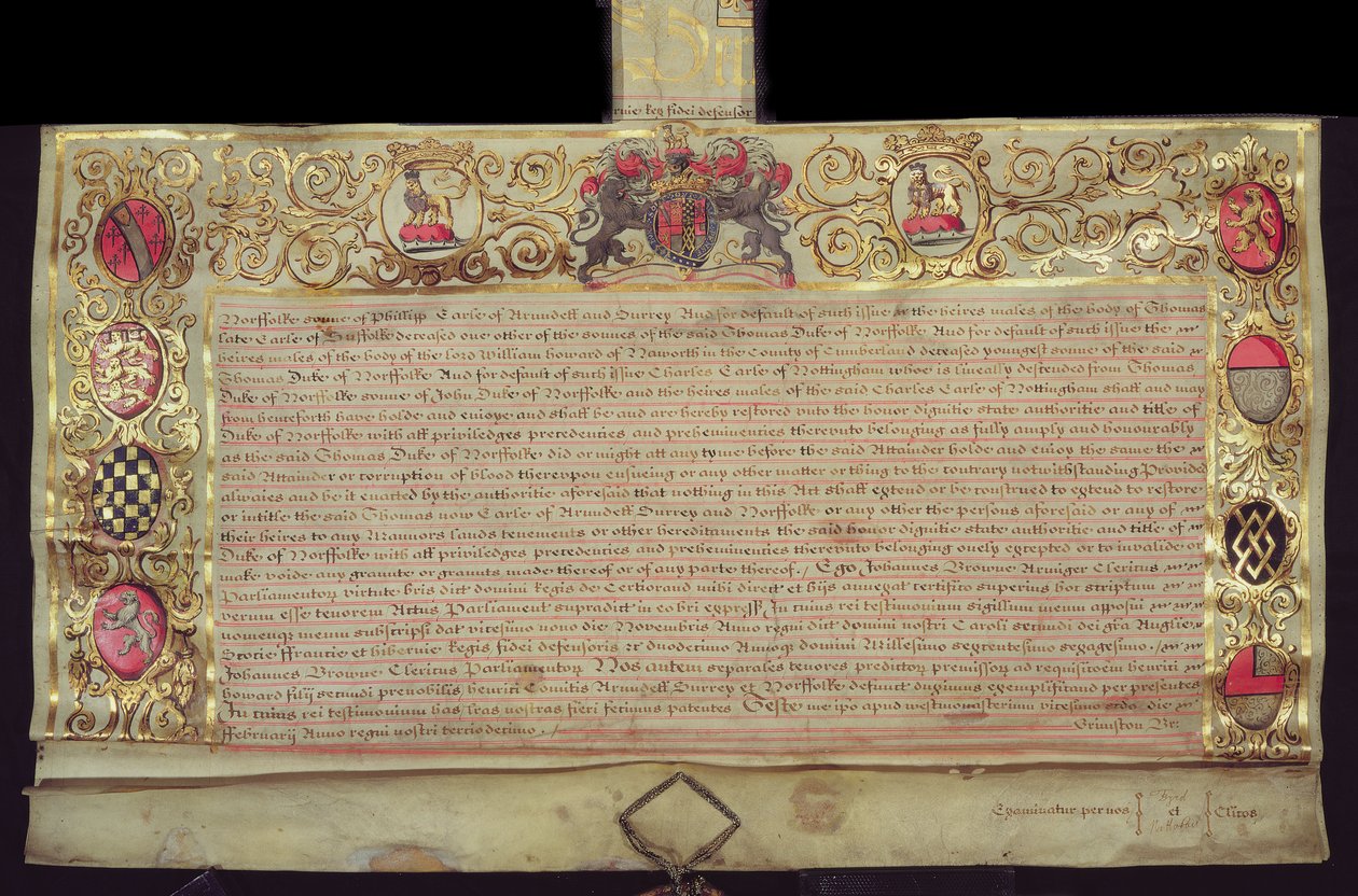 Patent zur Wiederherstellung des Herzogtums Norfolk, von Karl II., 1660 (Tinte & Blattgold auf Pergament) von English School