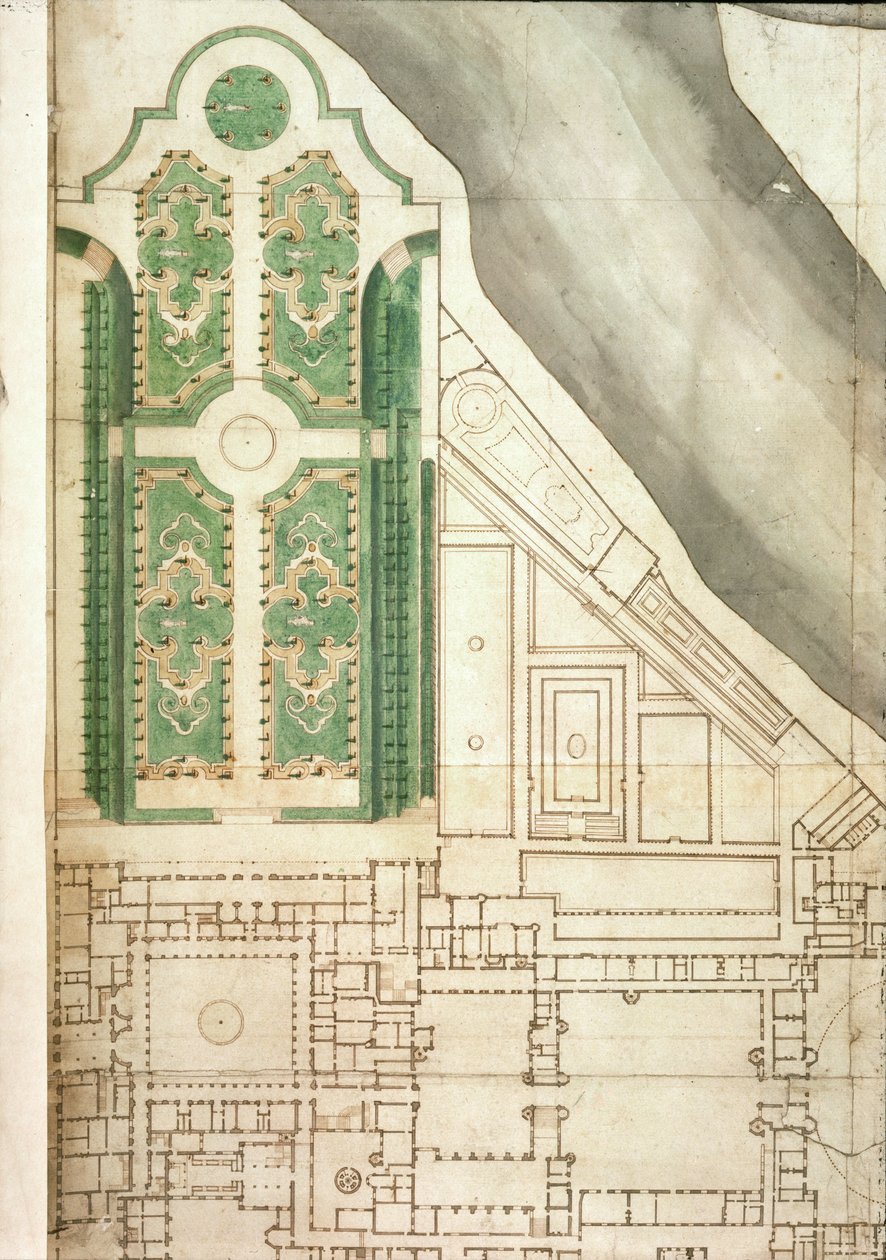 Plan von Hampton Court und seinen Gärten, ca. 1714 von English School