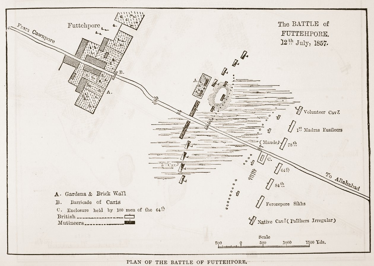 Plan der Schlacht von Futtehpore, 12. Juli 1857, aus Cassells Illustrierter Geschichte Englands von English School