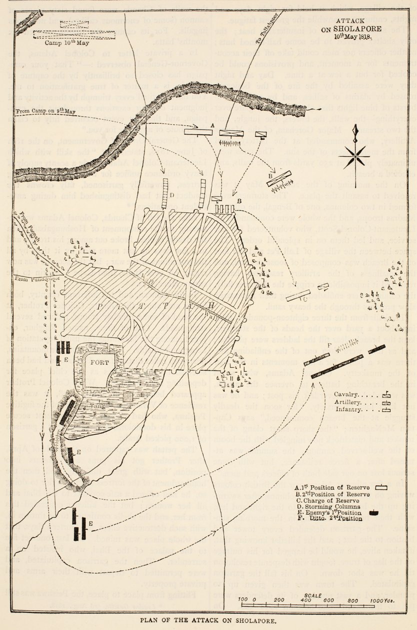 Plan des Angriffs auf Sholapore, Illustration aus Cassells Illustrierter Geschichte Indiens von James Grant, veröffentlicht 1879 von English School
